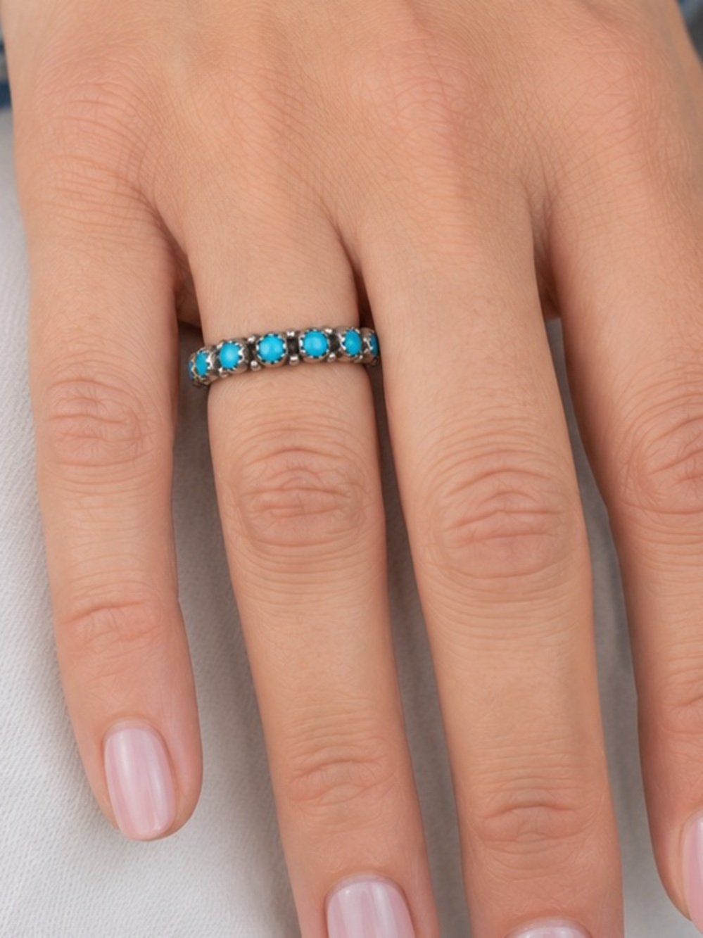 Solid 925 Sterling Silver Half Eternity Band Mohave Turquoise Gemstone Size 8.5 - Picture 2 of 10